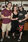 Peter Gusmano, Carina Balducci, and Robert Balducci at Swinging Saturday at Cole Haan in Easthampton on 8-14-04.  photo by Rob Rich copyright 2004 516-676-3939  robwayne1@aol.com