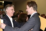 NEW YORK - May 6:  Actor Kevin Kline (r) greets a friend at   the Nominations for the Drama Desk Awards Celebrating Excellence in New York Theatre at St. John's Boutique   in New York City on May 6, 2004<br>  (Photo by Rob Rich/Getty Images) 
